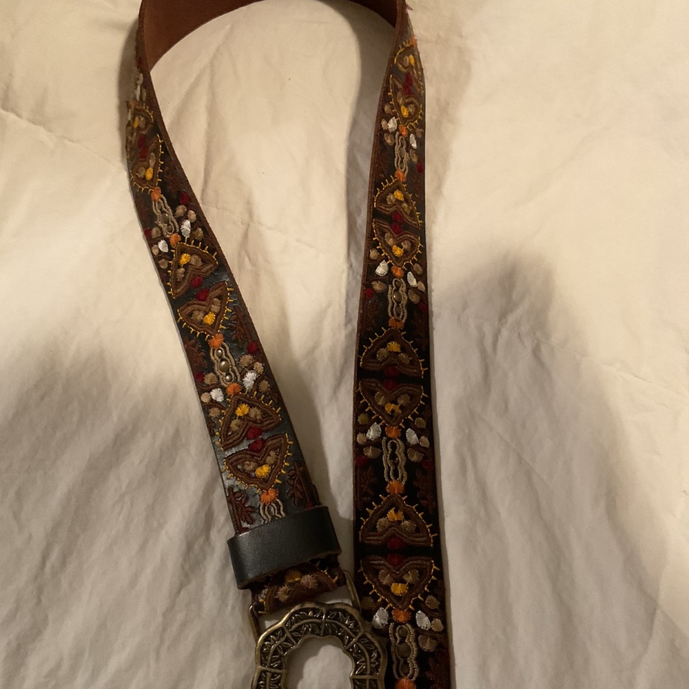 Embroidered Leather Belt with Buckle